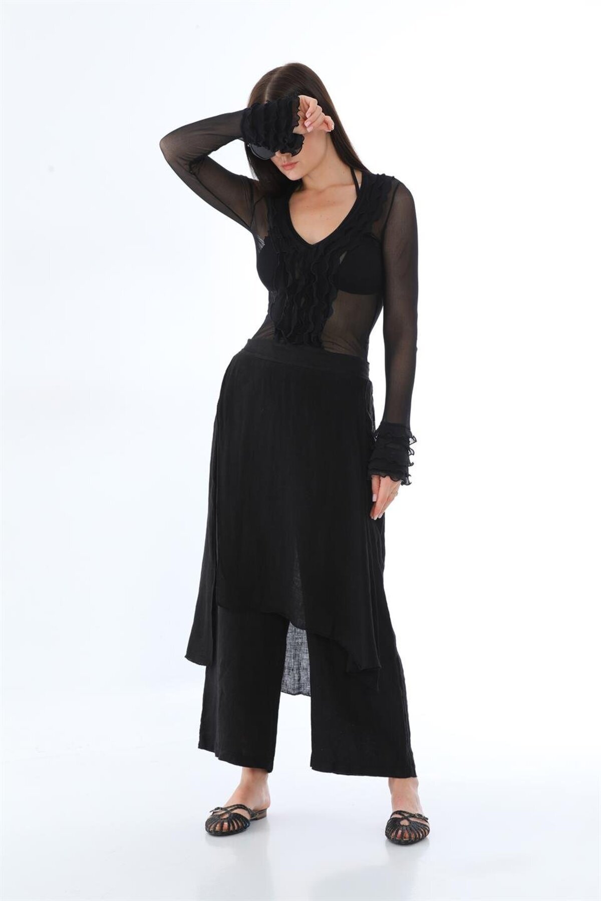 Siyah İtalyan Ham Keten Pantolon Etek - Bohem Stil