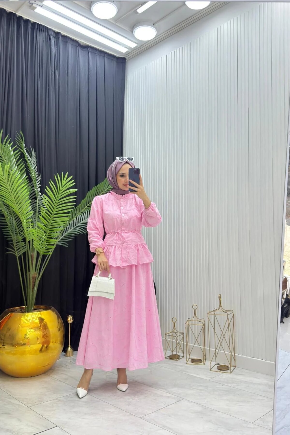 طقم محتشم وردي فيستو ببطانة دانتيل - Dimar Butik