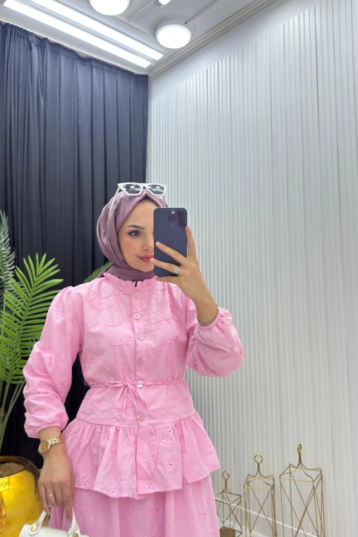 طقم محتشم وردي فيستو ببطانة دانتيل - Dimar Butik