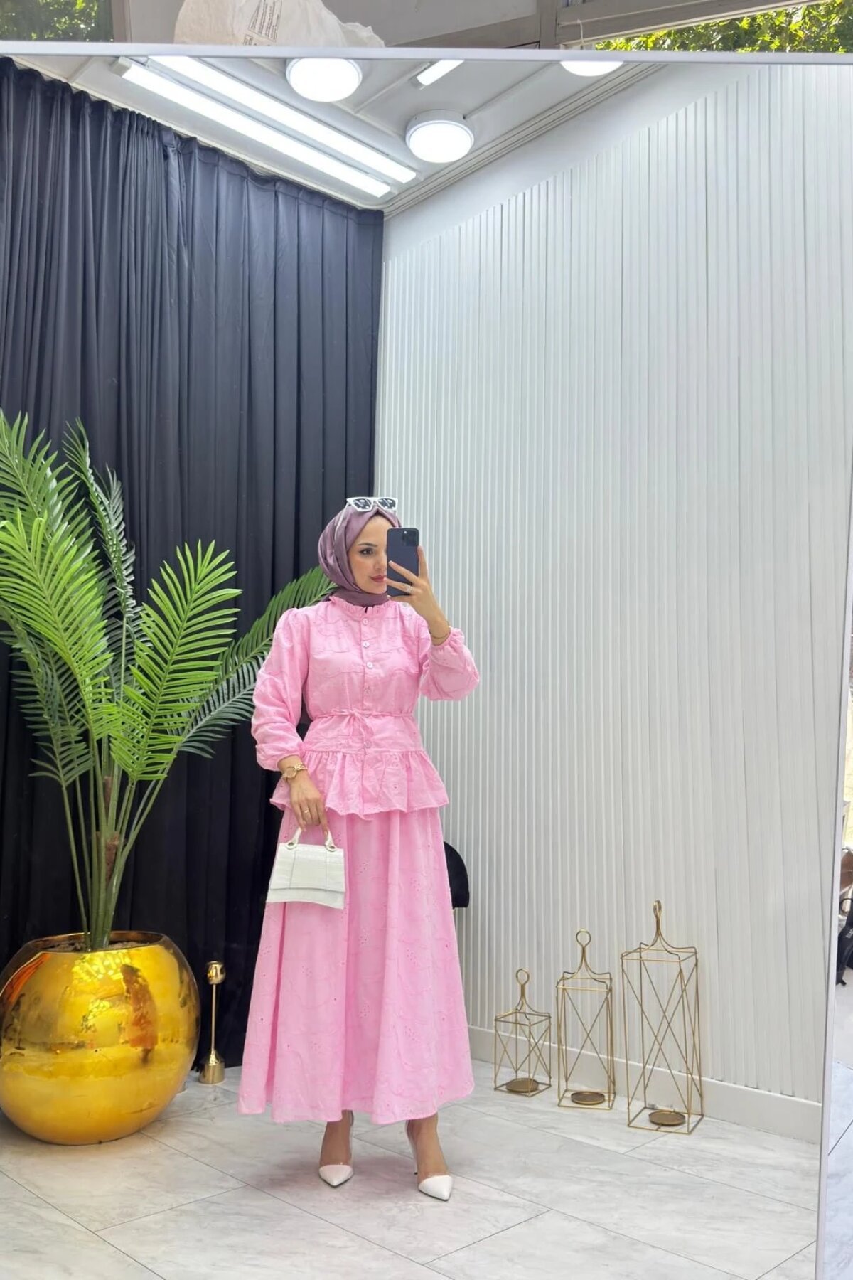 طقم محتشم وردي فيستو ببطانة دانتيل - Dimar Butik