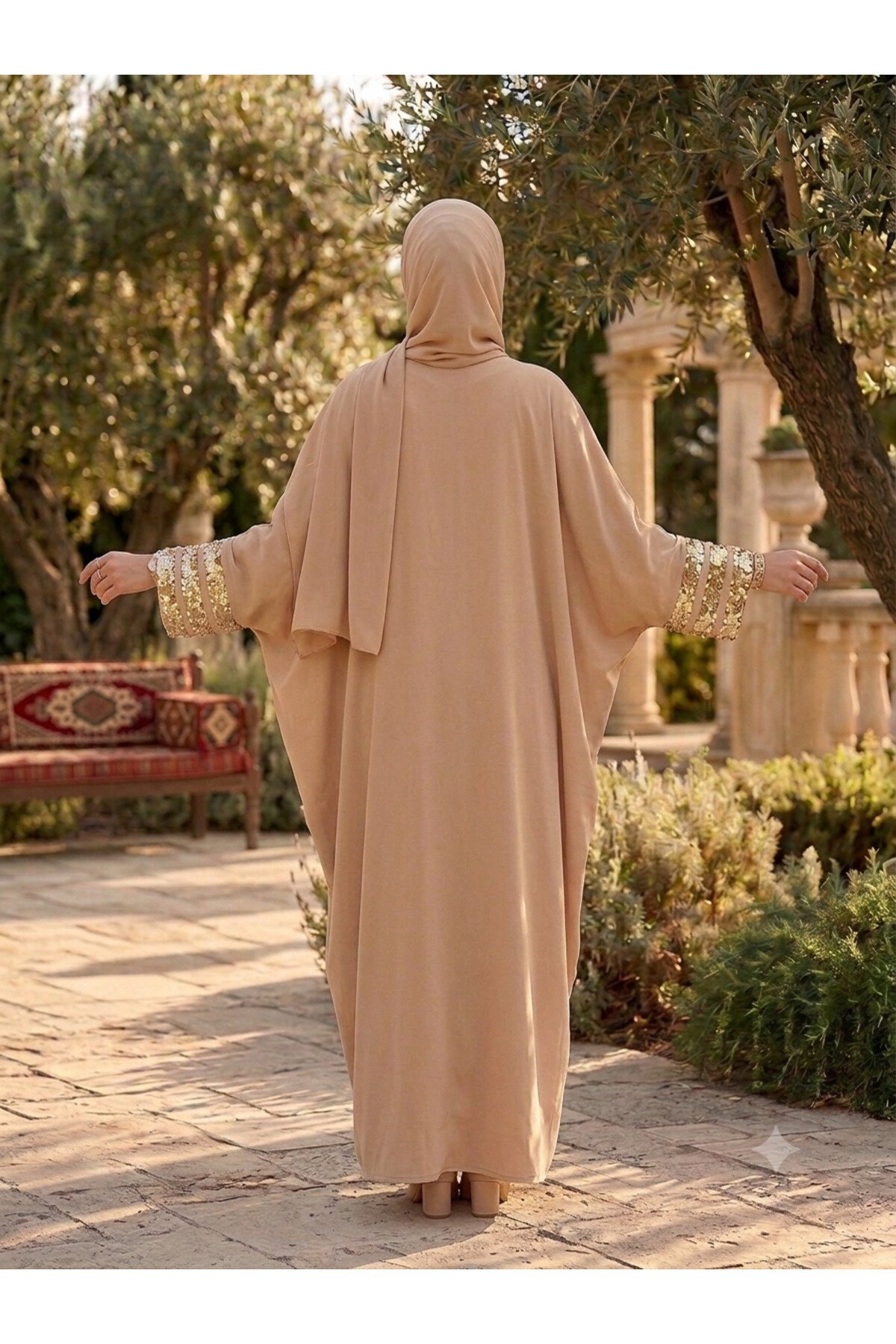 Camel 40-52 Beden Kolları Aksesuar Detaylı Elbise Ferace - Fzd Filizzade