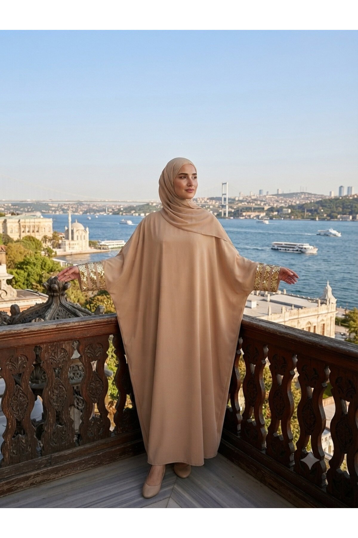 Camel 40-52 Beden Kolları Aksesuar Detaylı Elbise Ferace - Fzd Filizzade