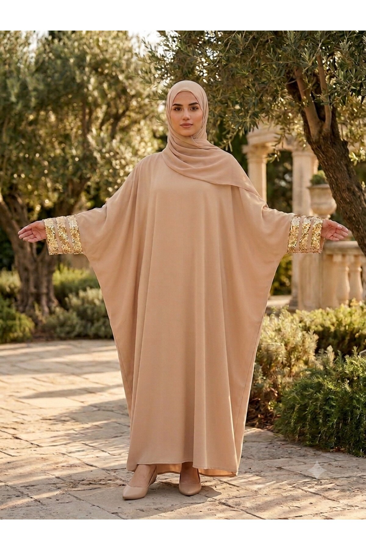 Camel 40-52 Beden Kolları Aksesuar Detaylı Elbise Ferace - Fzd Filizzade