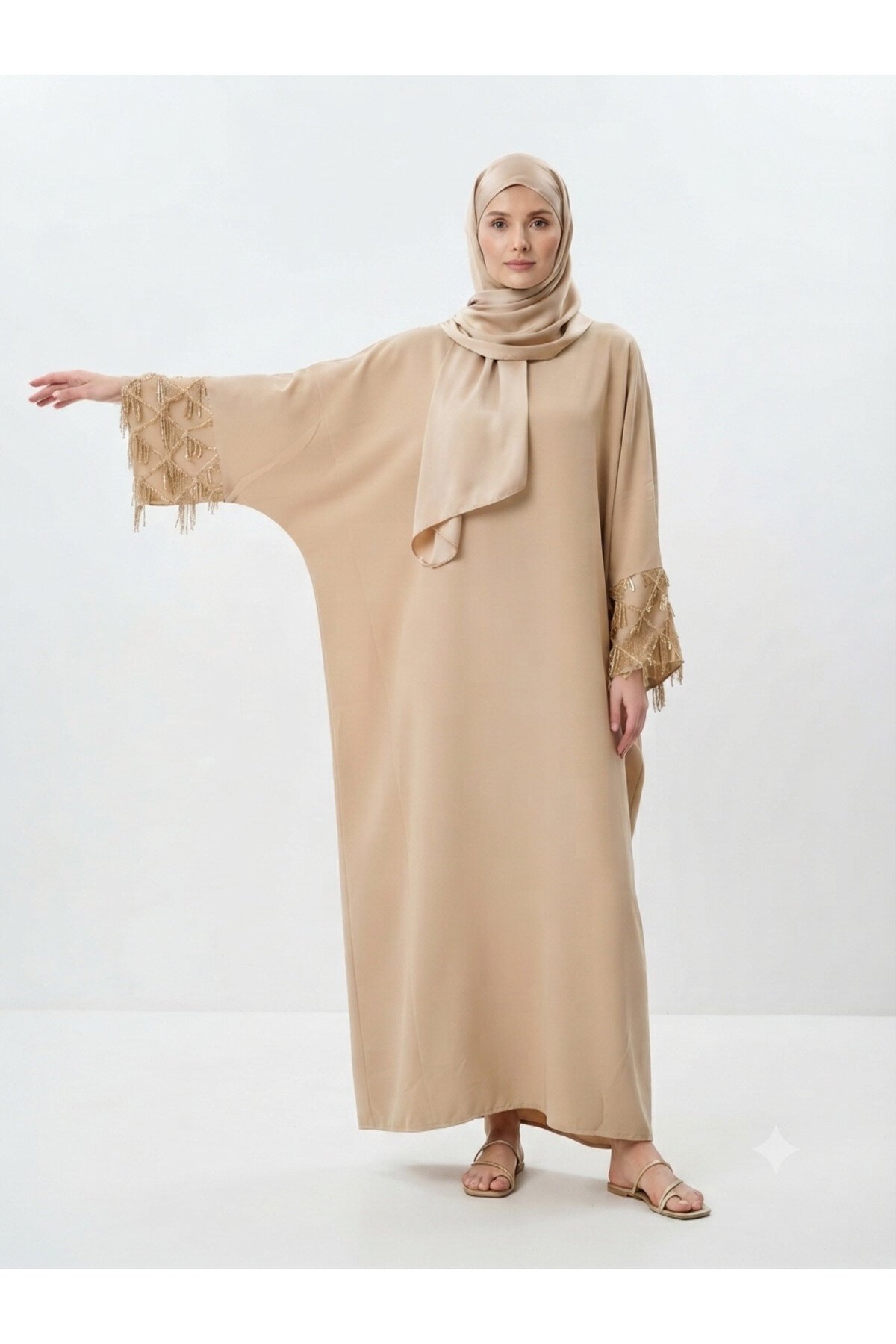 Camel 40-52 Beden Kolları Aksesuar Detaylı Elbise Ferace - Fzd Filizzade