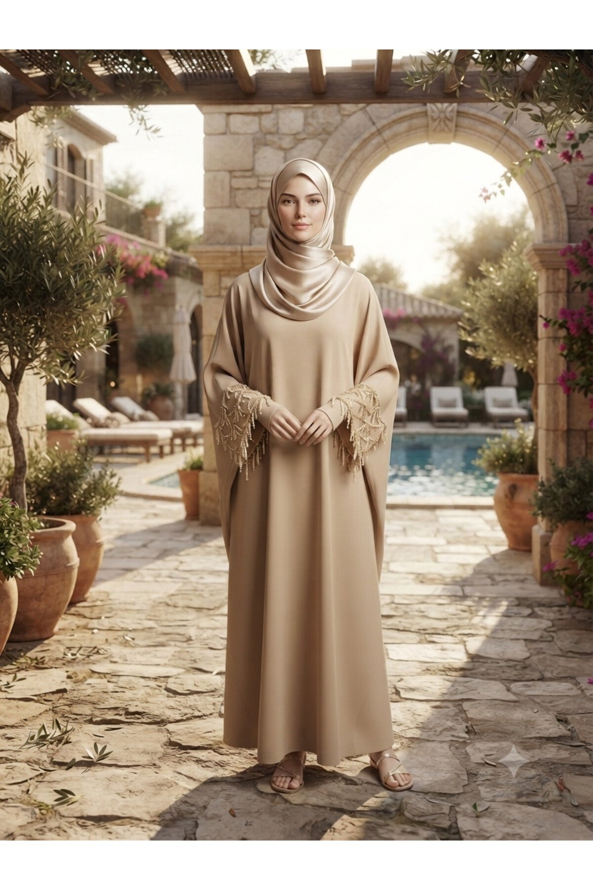 Camel 40-52 Beden Kolları Aksesuar Detaylı Elbise Ferace - Fzd Filizzade