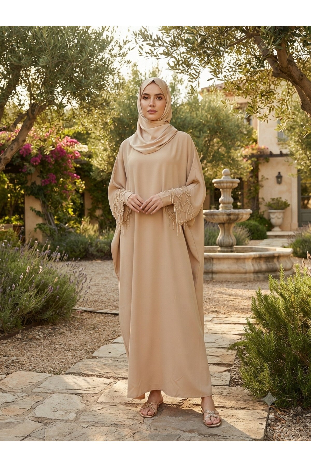 Camel 40-52 Beden Kolları Aksesuar Detaylı Elbise Ferace - Fzd Filizzade