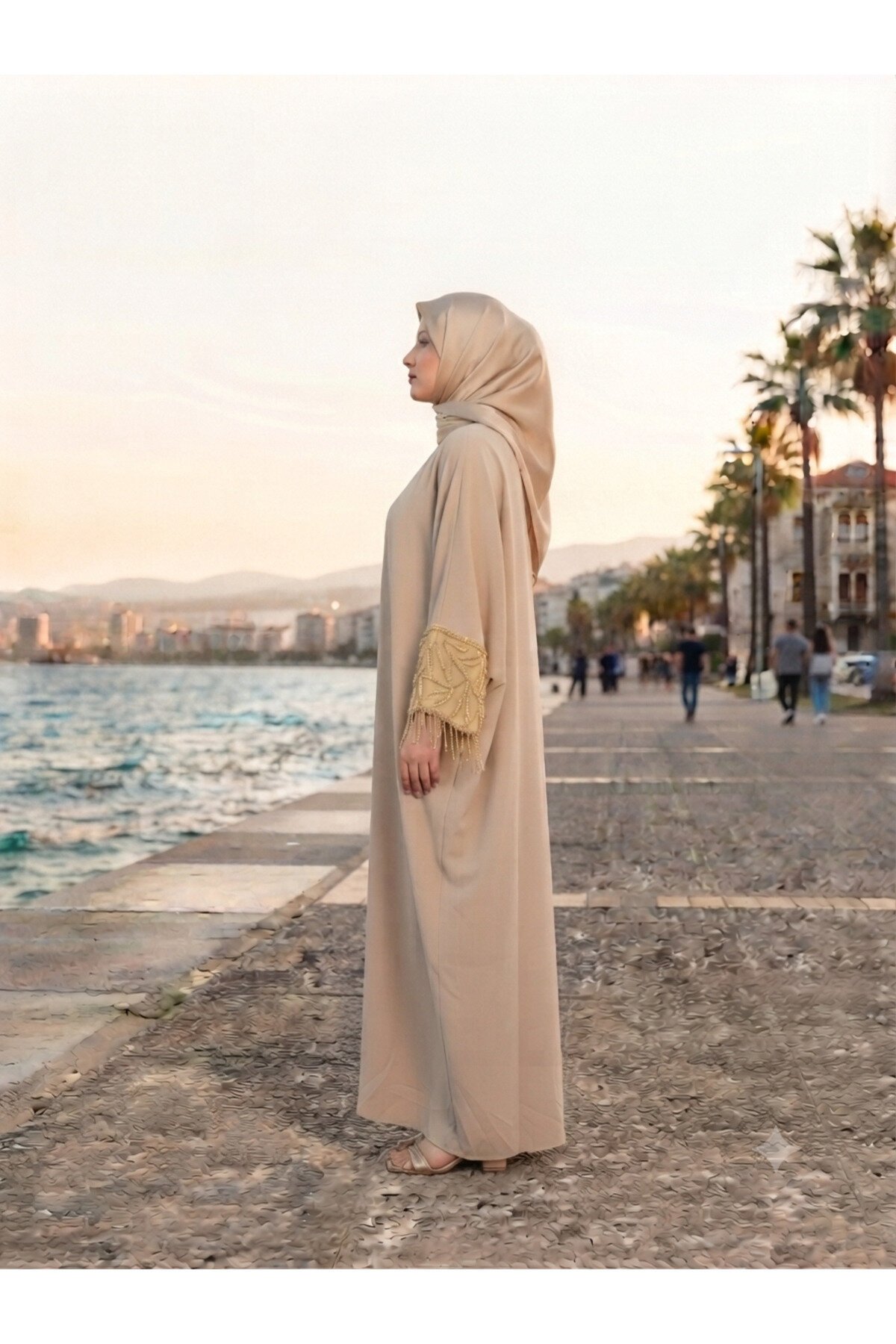 Camel 40-52 Beden Kolları Aksesuar Detaylı Elbise Ferace - Fzd Filizzade