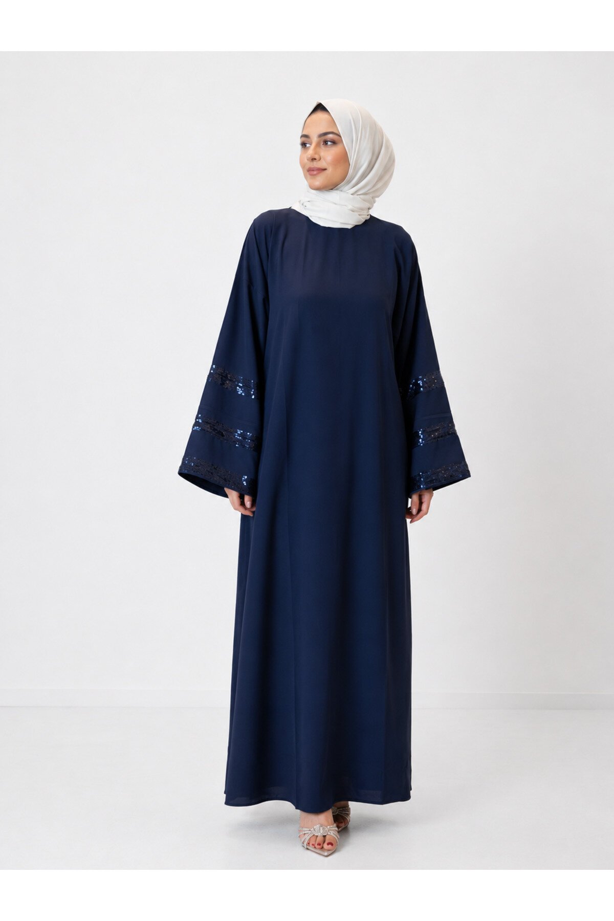 فستان واسع كلوش كحلي بتفاصيل إكسسوار ثلاثة أشرطة - Fzd Filizzade