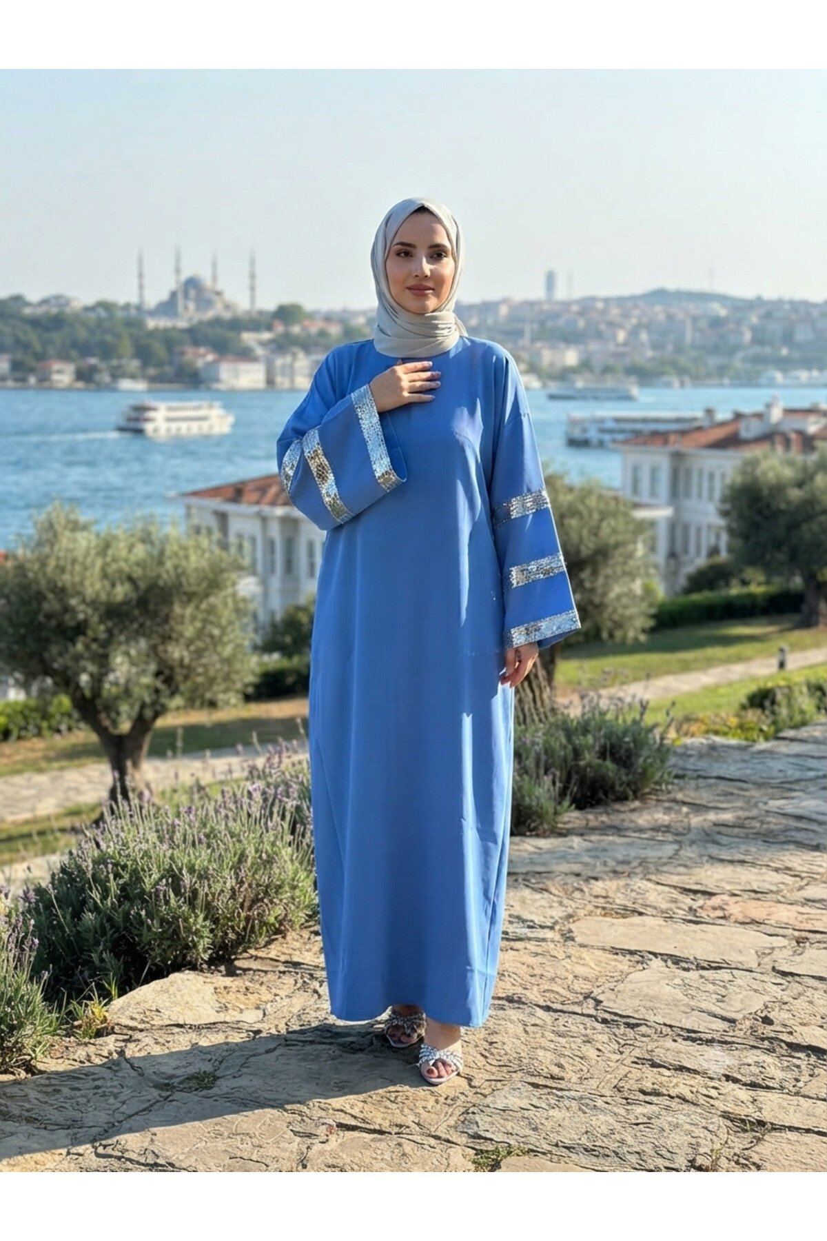 فستان مريح كلوش أزرق بتفاصيل ثلاثة أشرطة - Fzd Filizzade