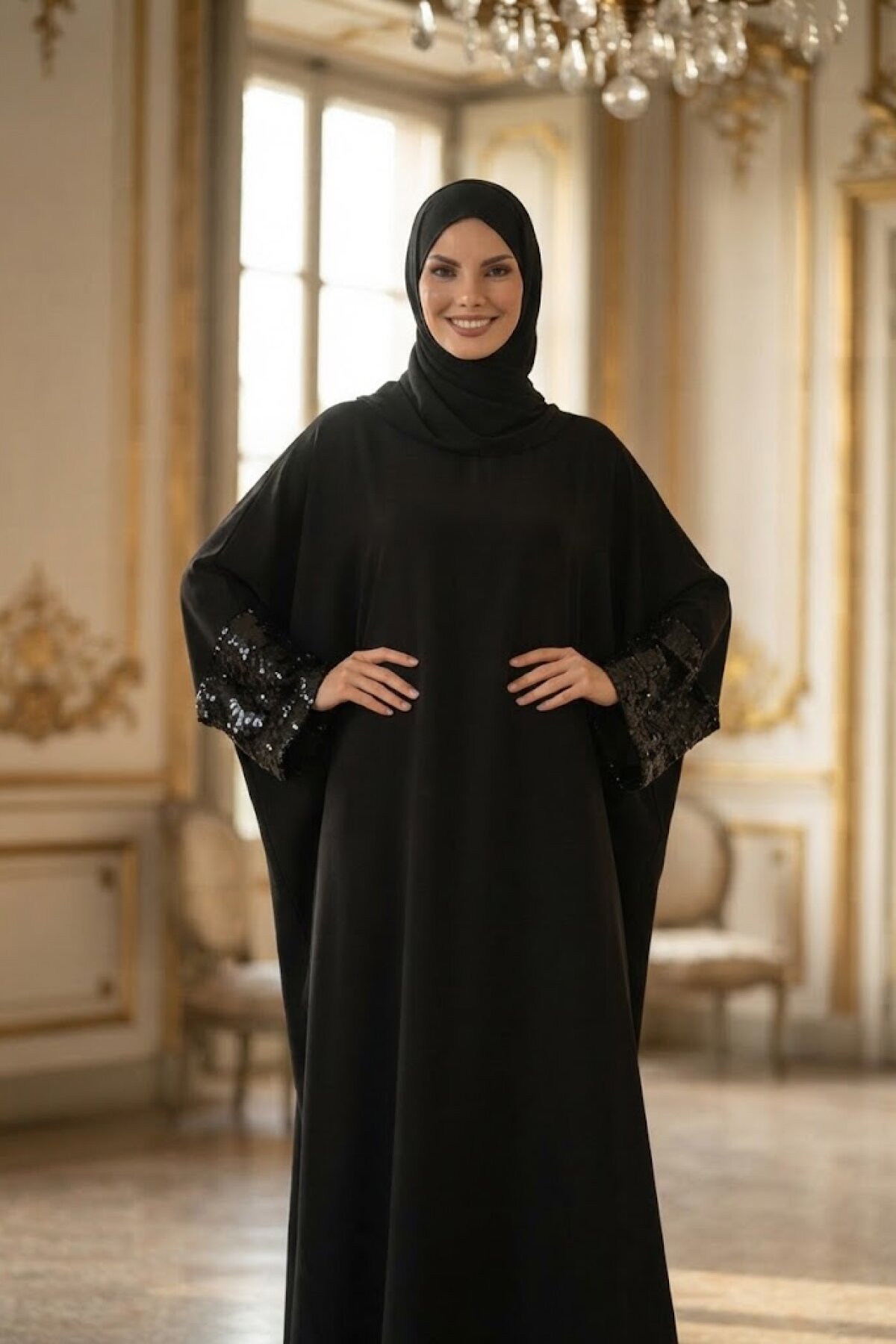 Plus Size Wide-Sleeve Dress Abaya - Black - Fzd Filizzade