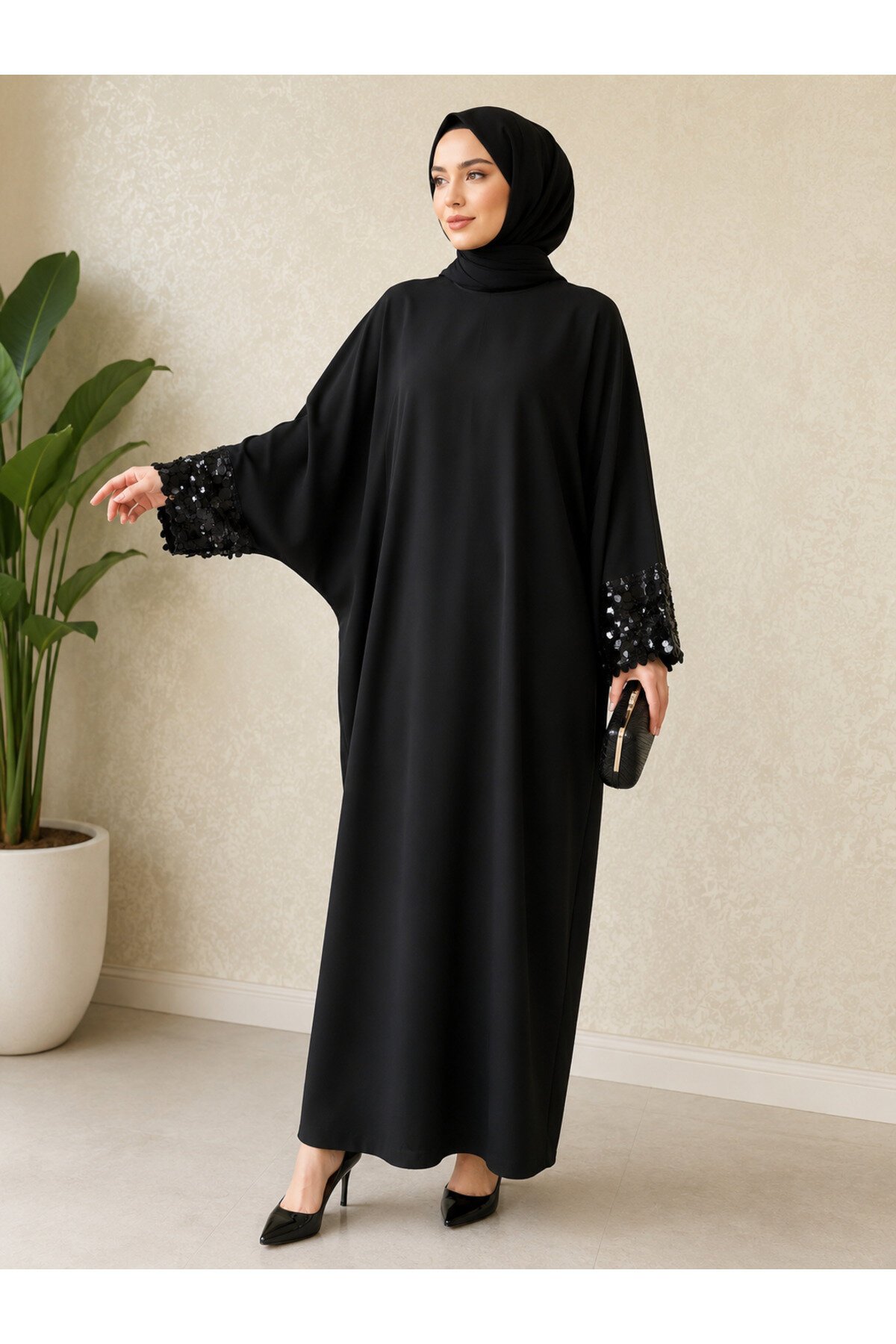 Plus Size Wide-Sleeve Dress Abaya - Black - Fzd Filizzade
