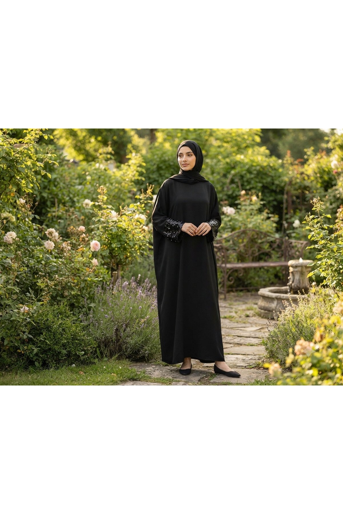 Plus Size Wide-Sleeve Dress Abaya - Black - Fzd Filizzade