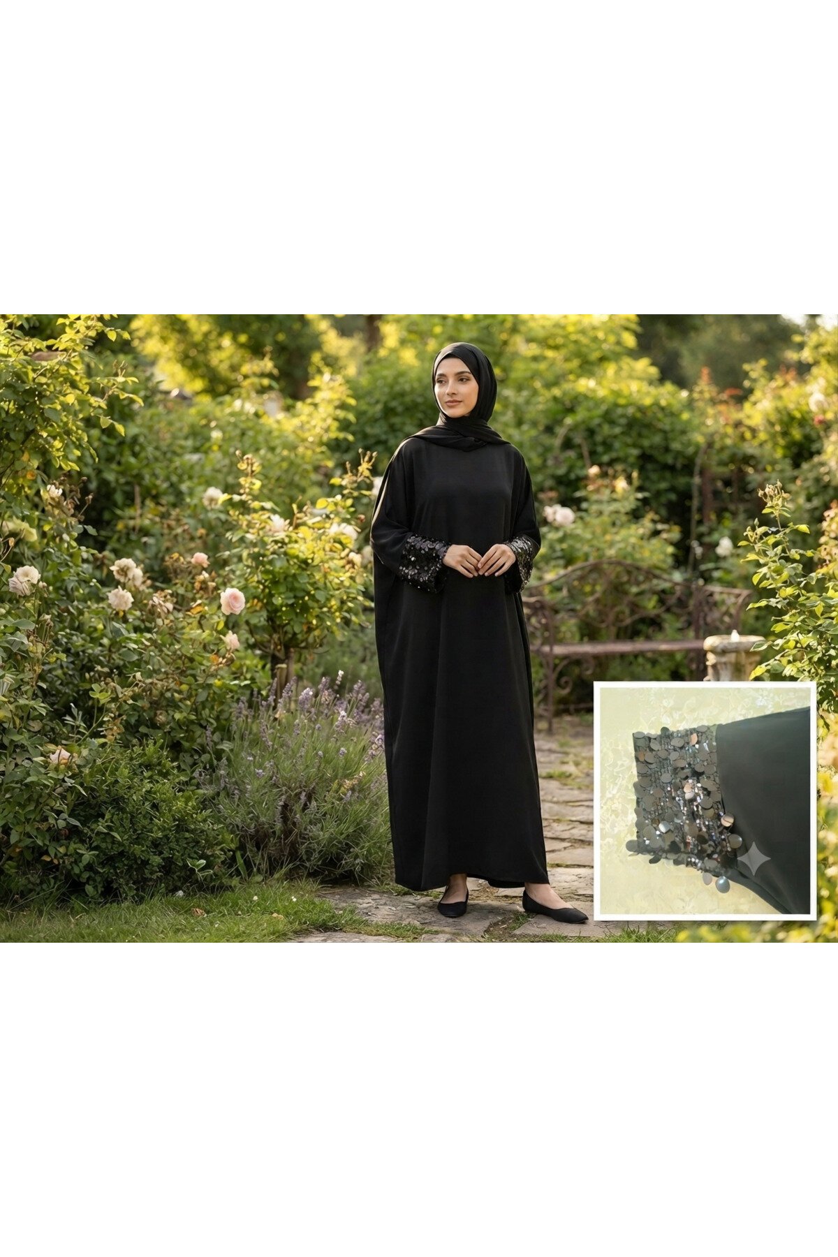 Plus Size Wide-Sleeve Dress Abaya - Black - Fzd Filizzade