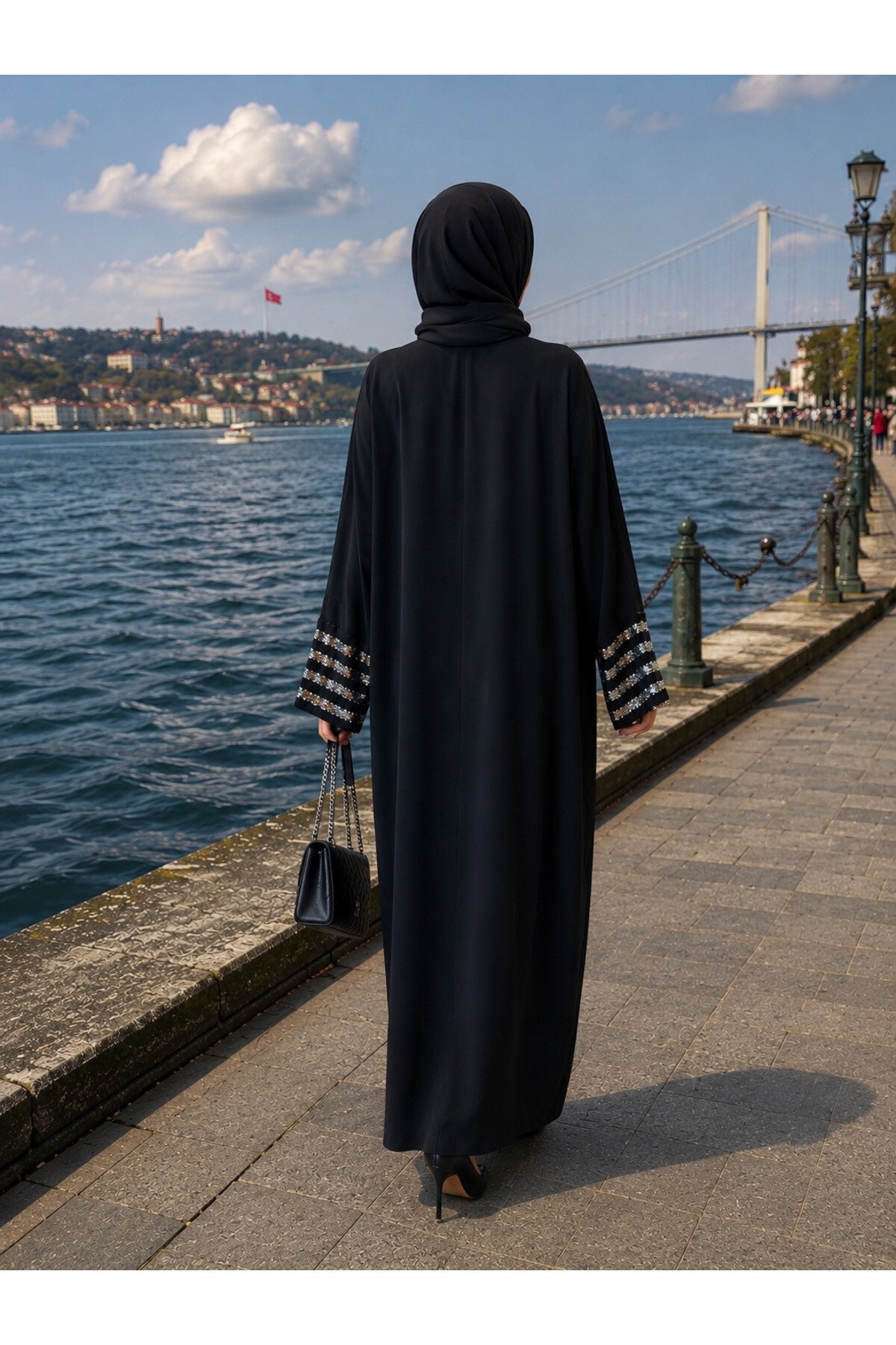 Siyah Salaş Kesim Fermuarlı Pulpayet Detaylı Ferace - Fzd Filizzade