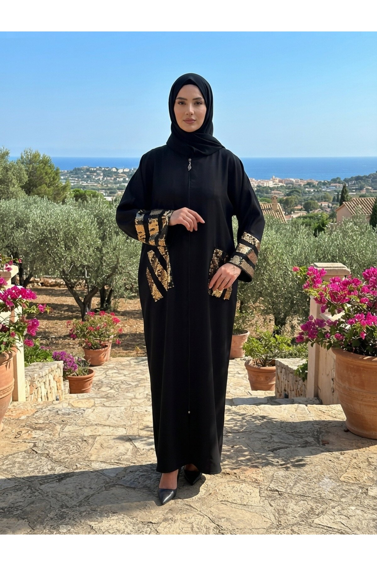Siyah Salaş Kesim Pulpayet Detaylı Fermuarlı Ferace - Fzd Filizzade