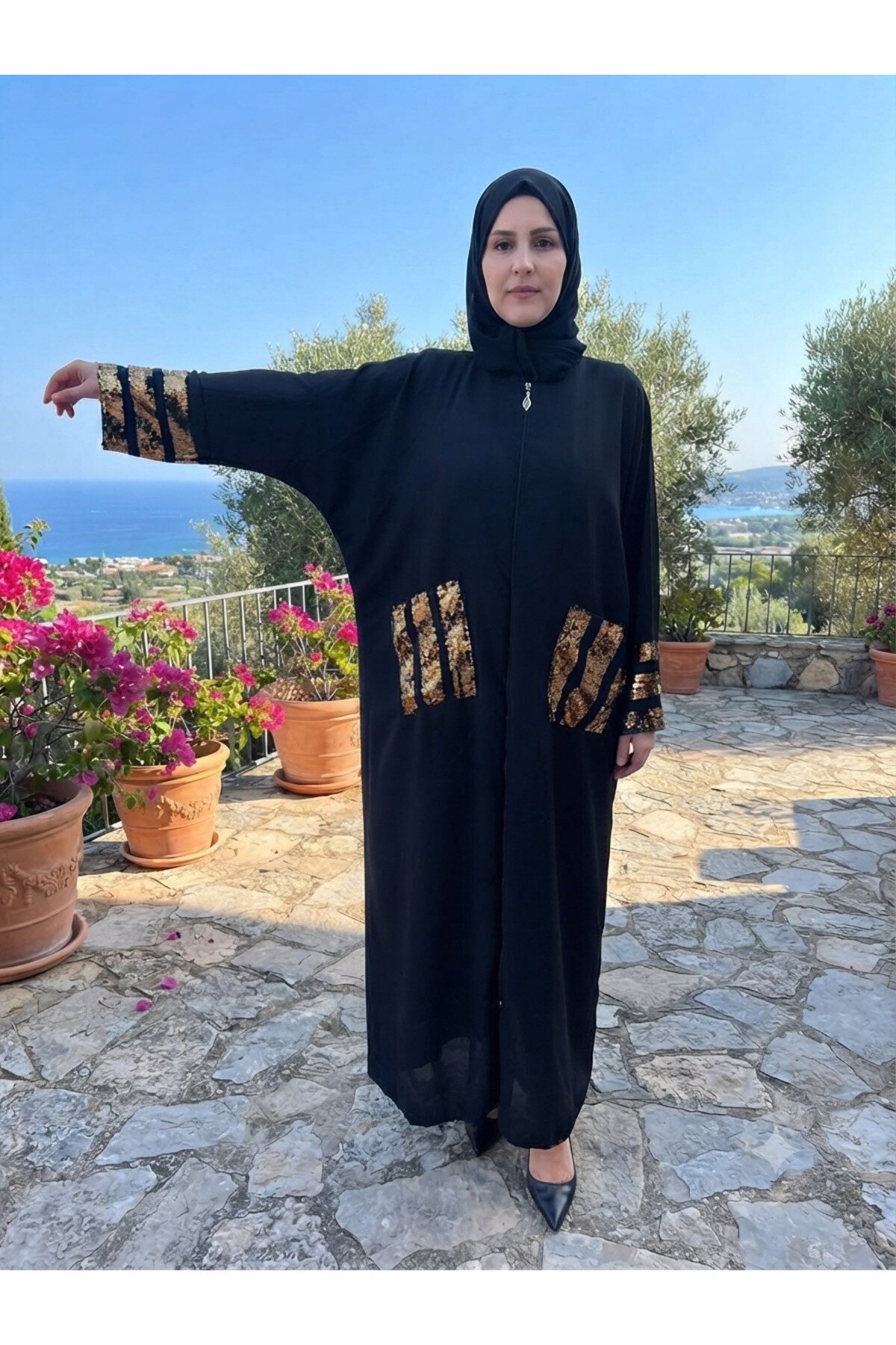 Siyah Salaş Kesim Pulpayet Detaylı Fermuarlı Ferace - Fzd Filizzade