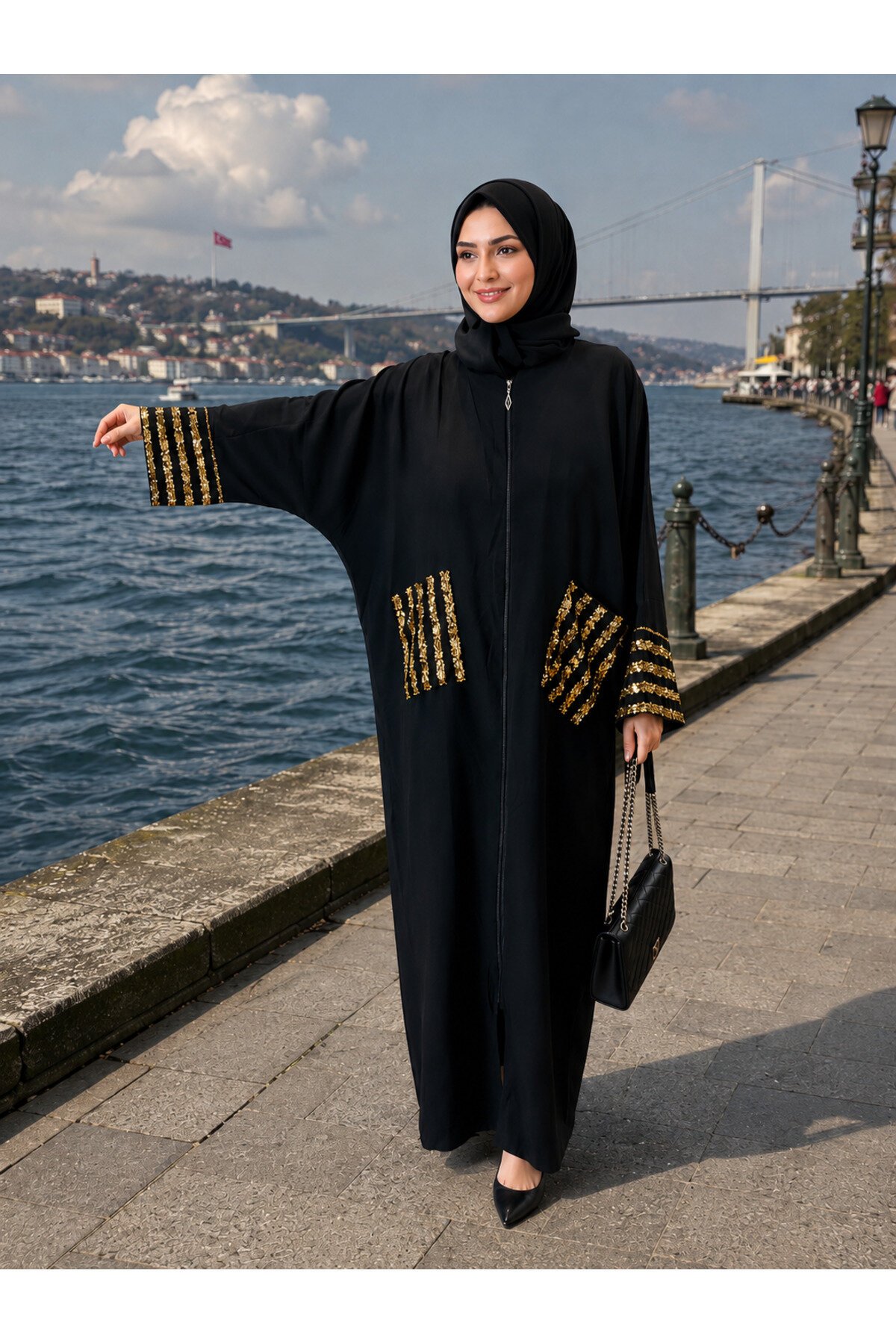 Siyah Salaş Kesim Pulpayet Detaylı Fermuarlı Ferace - Fzd Filizzade