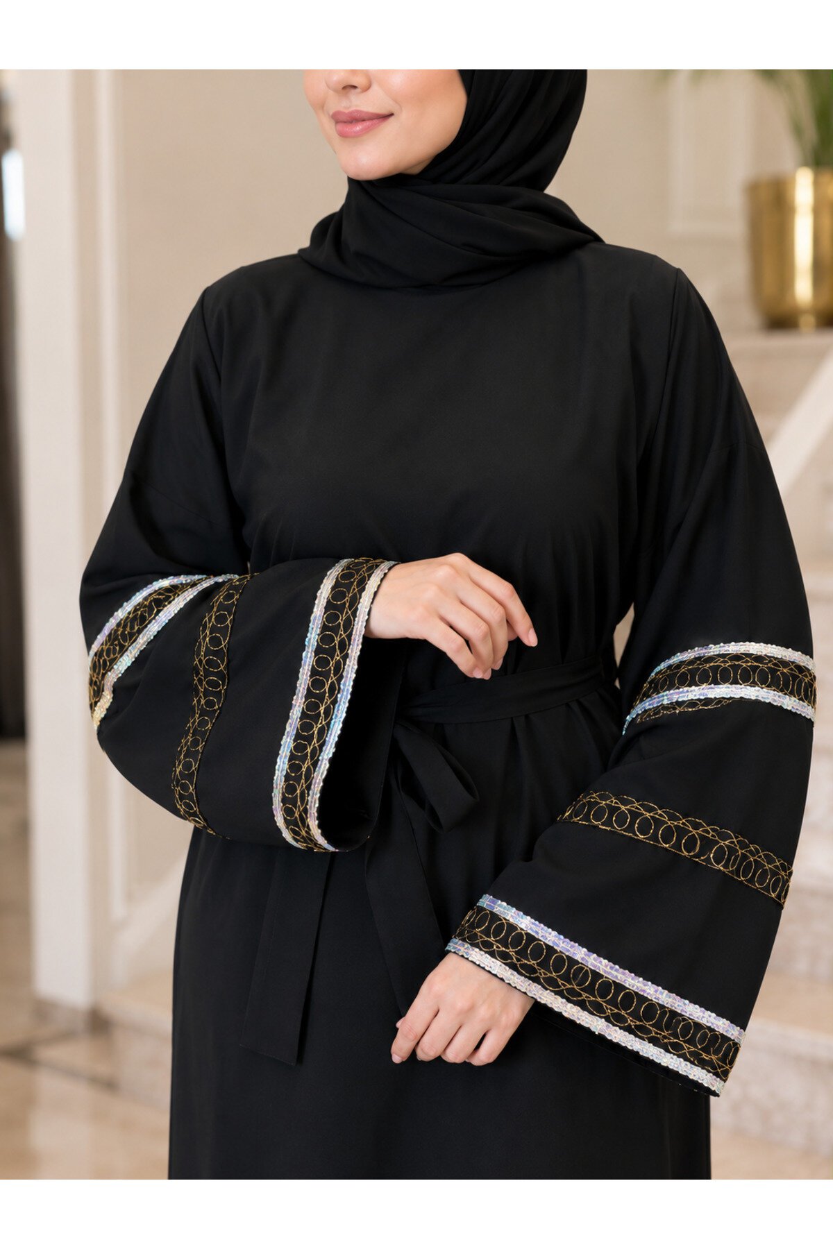 فستان فضفاض كلوش أسود بتفاصيل إكسسوار ثلاث شرائط - Fzd Filizzade