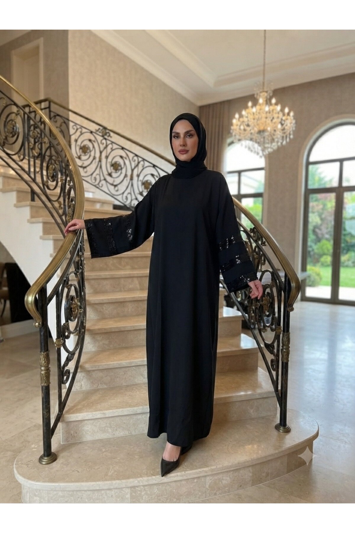 فستان كلوش أسود بأكمام واسعة وإكسسوار بثلاثة أشرطة - Fzd Filizzade