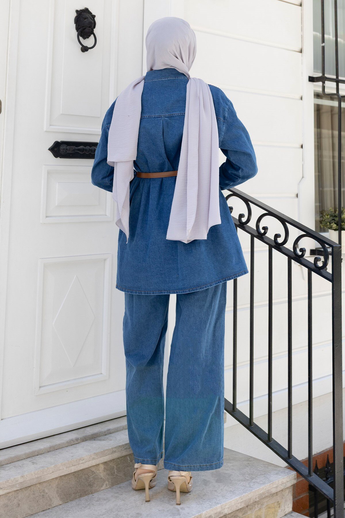 Açık Mavi Taş Cepli Denim İkili Takım - Modamihram