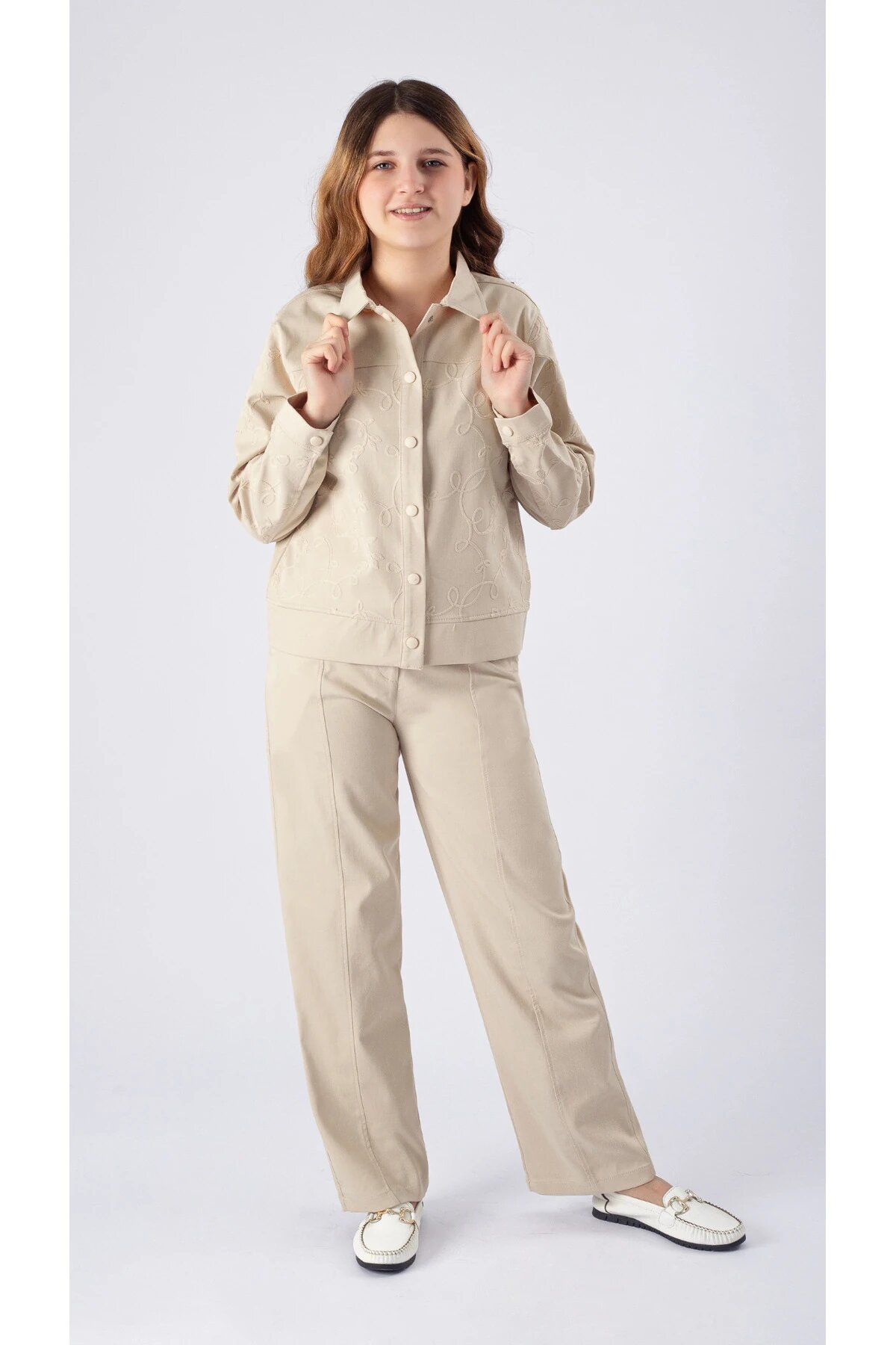 Bej 7-14 Yaş Ceketli Gabardin Pantolon Kız Çocuk Takım - Pafim