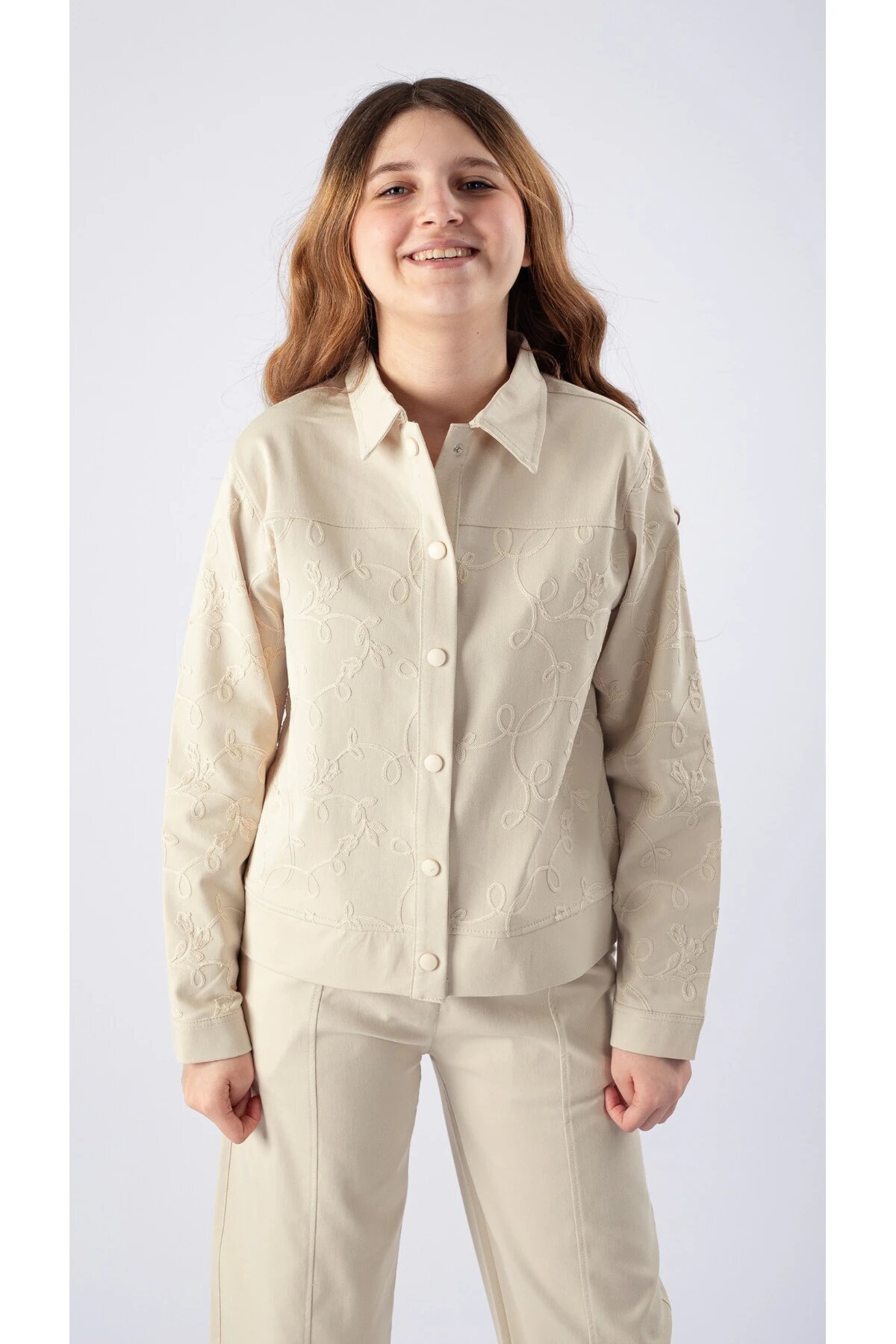 Bej 7-14 Yaş Ceketli Gabardin Pantolon Kız Çocuk Takım - Pafim