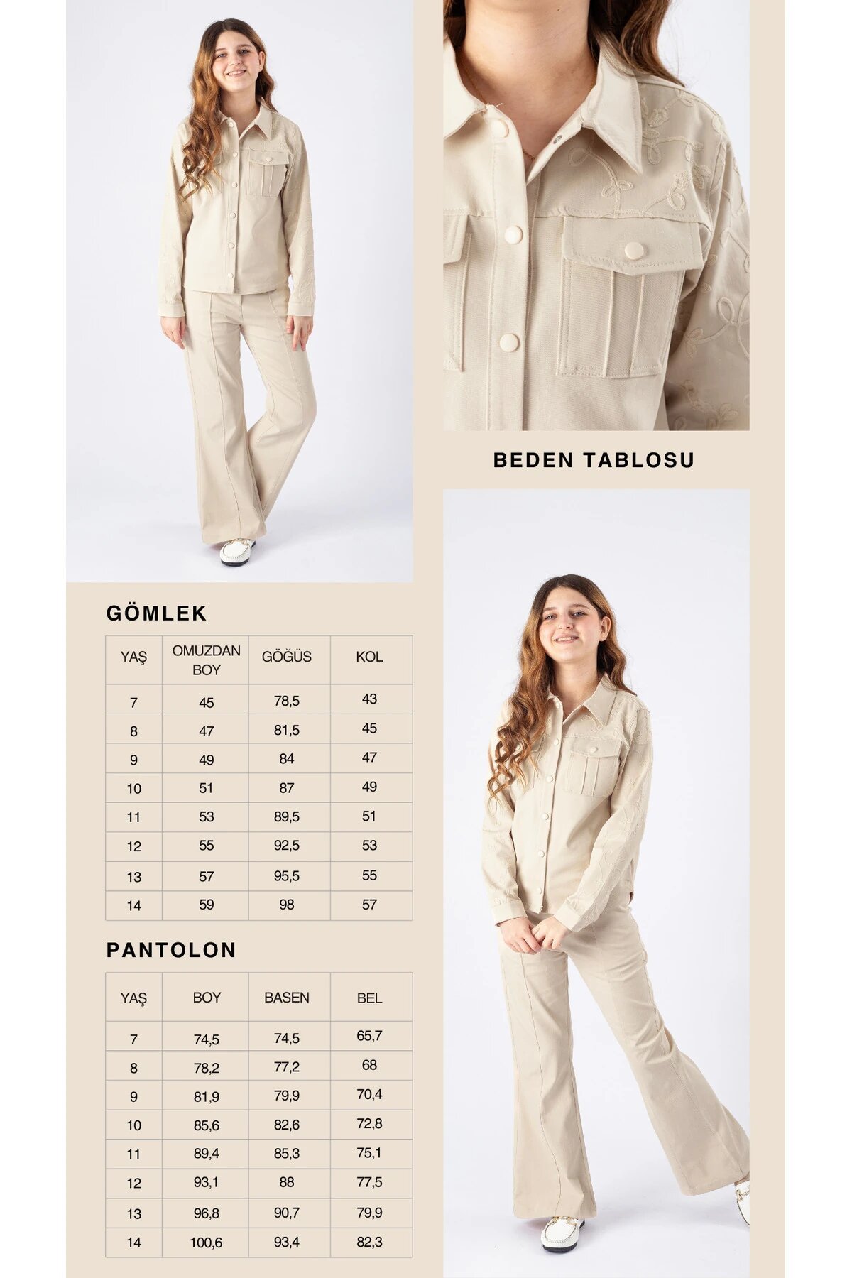 طقم بنات بيج جبردين بقميص وبنطلون شارلستون - Pafim