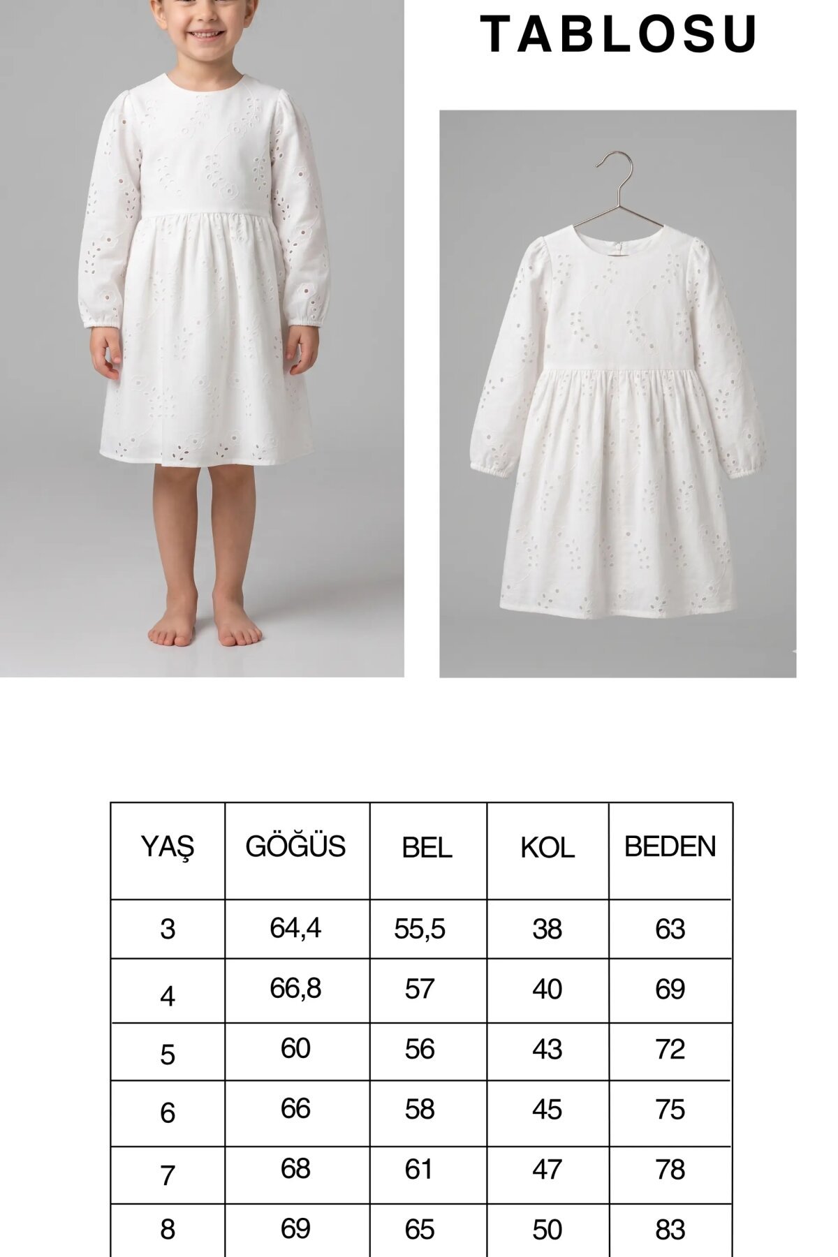 Beyaz 3-8 Yaş Fistolu Belden Bağlamalı Pamuk Kız Çocuk Elbise - Pafim