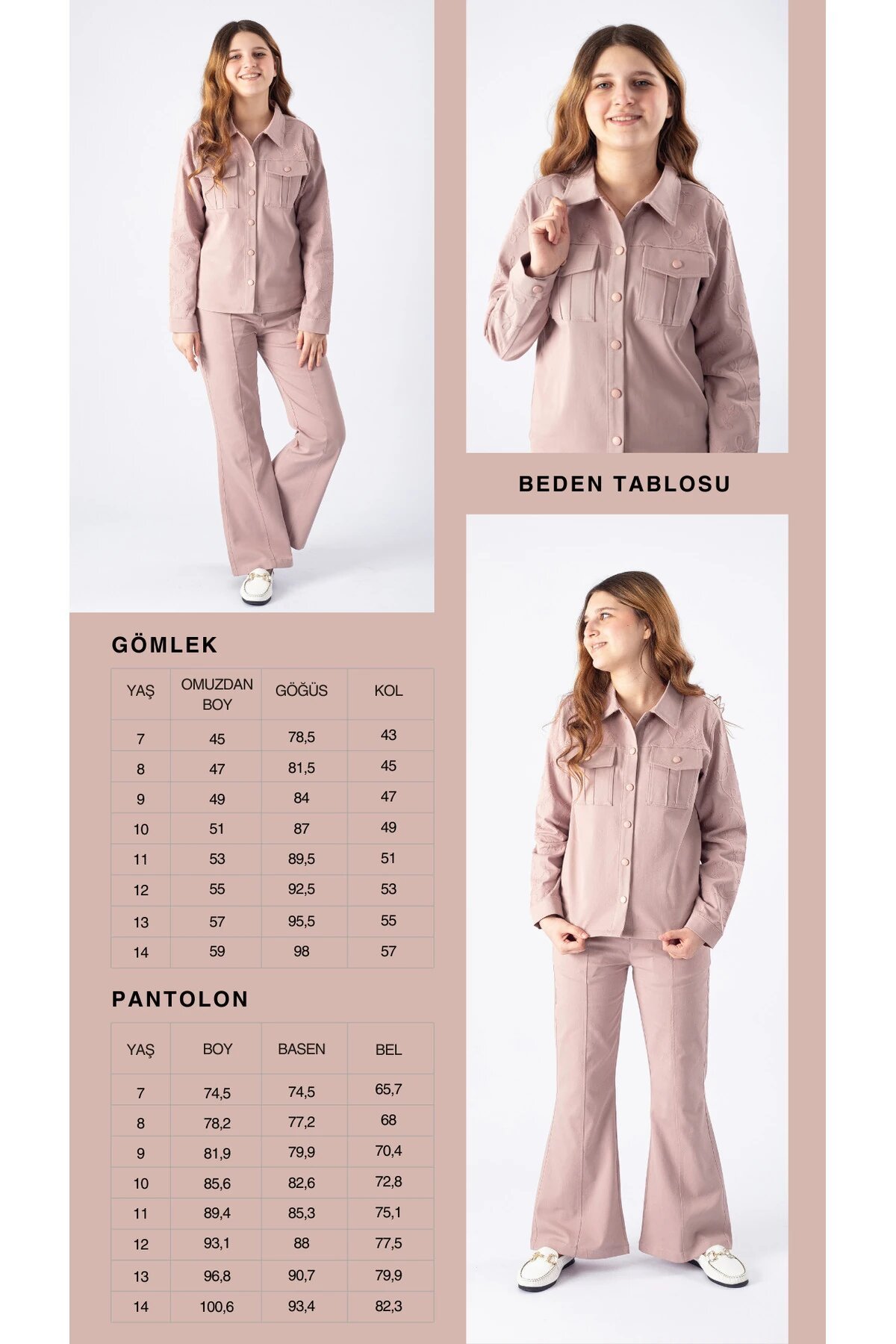 Flare Leg Gabardine Shirt Set - Powder Pink - Pafim