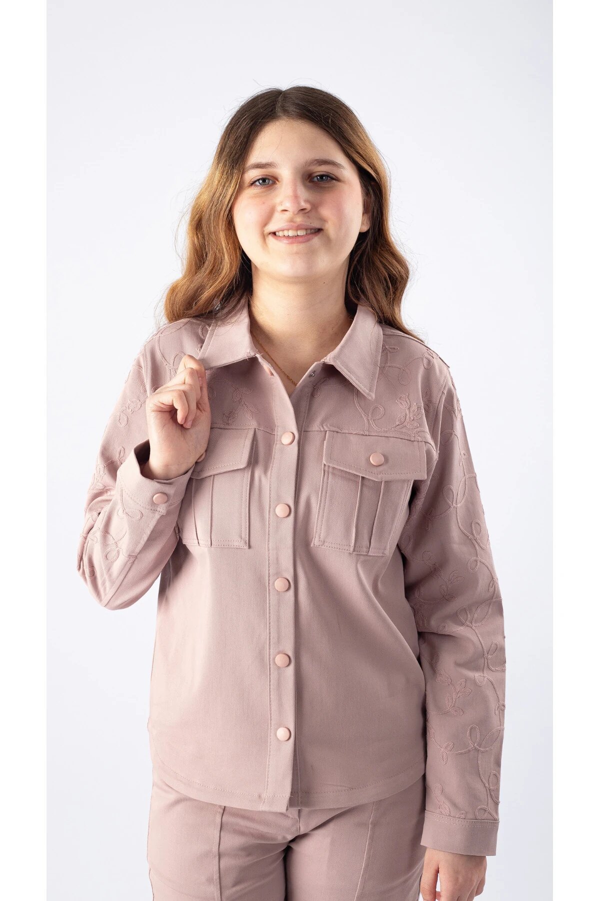 Flare Leg Gabardine Shirt Set - Powder Pink - Pafim