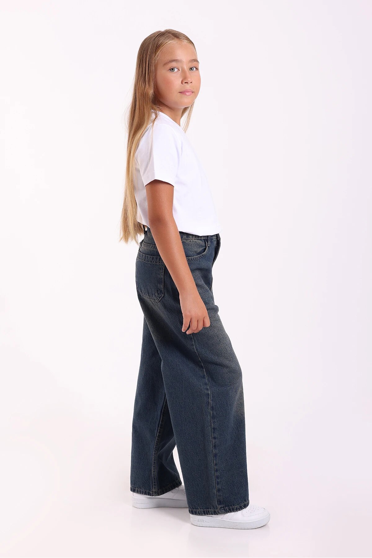 Relaxed Fit Wide Leg Denim Girls' Pants - Black - Pafim