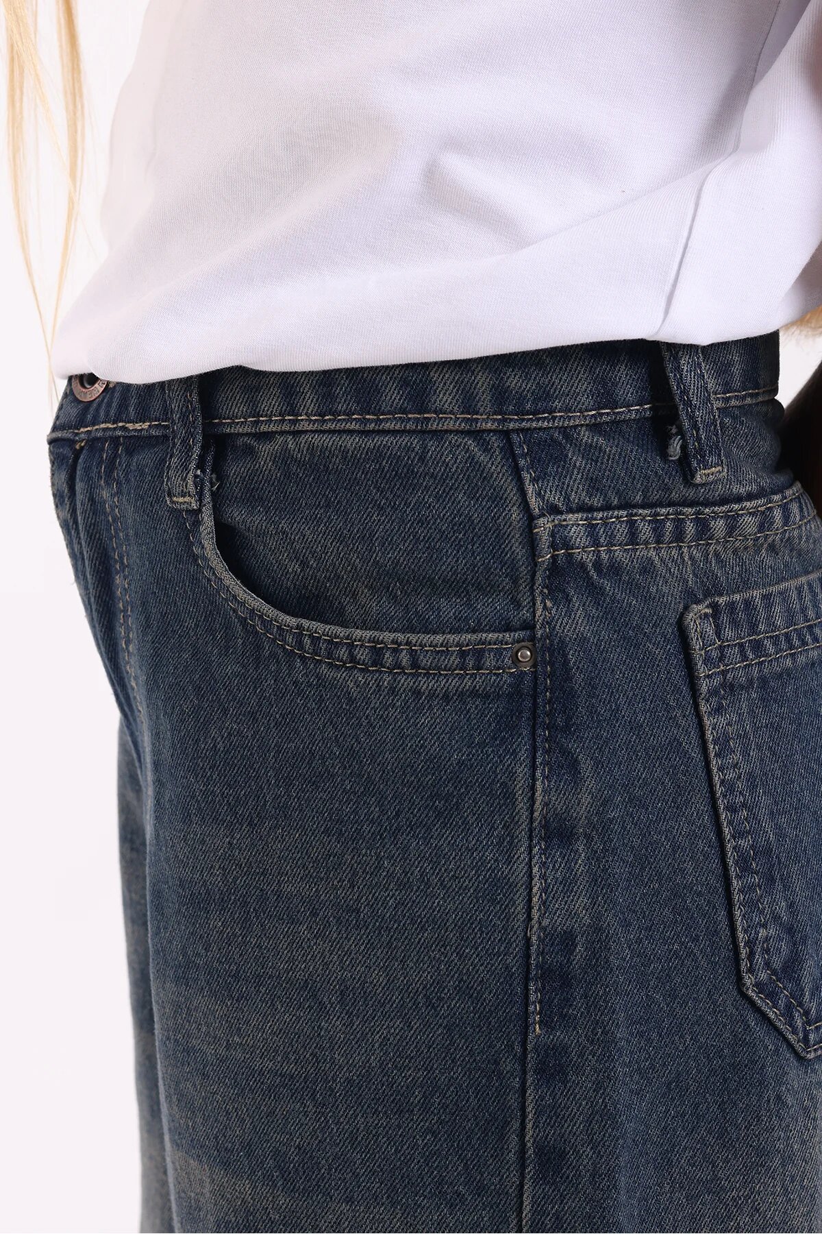 Relaxed Fit Wide Leg Denim Girls' Pants - Black - Pafim