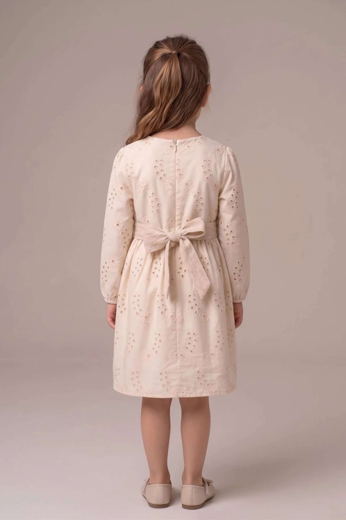 Taş Fistolu Belden Bağlamalı Pamuk Kız Çocuk Elbise - Pafim