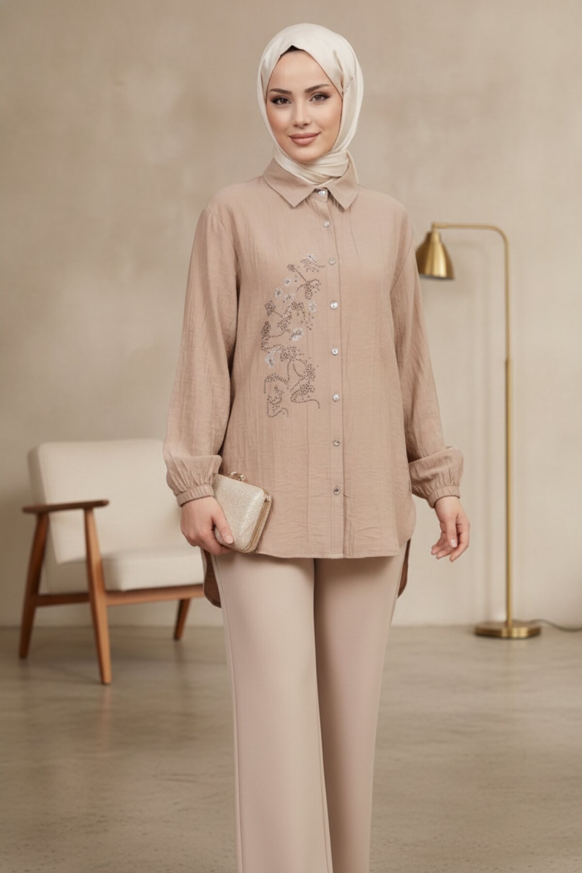 Bej Taş Detaylı Tunik - Shirosa