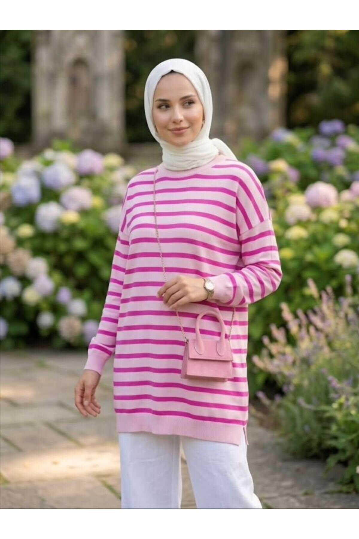 Pembe Çizgili İki İplik Tunik - Shirosa
