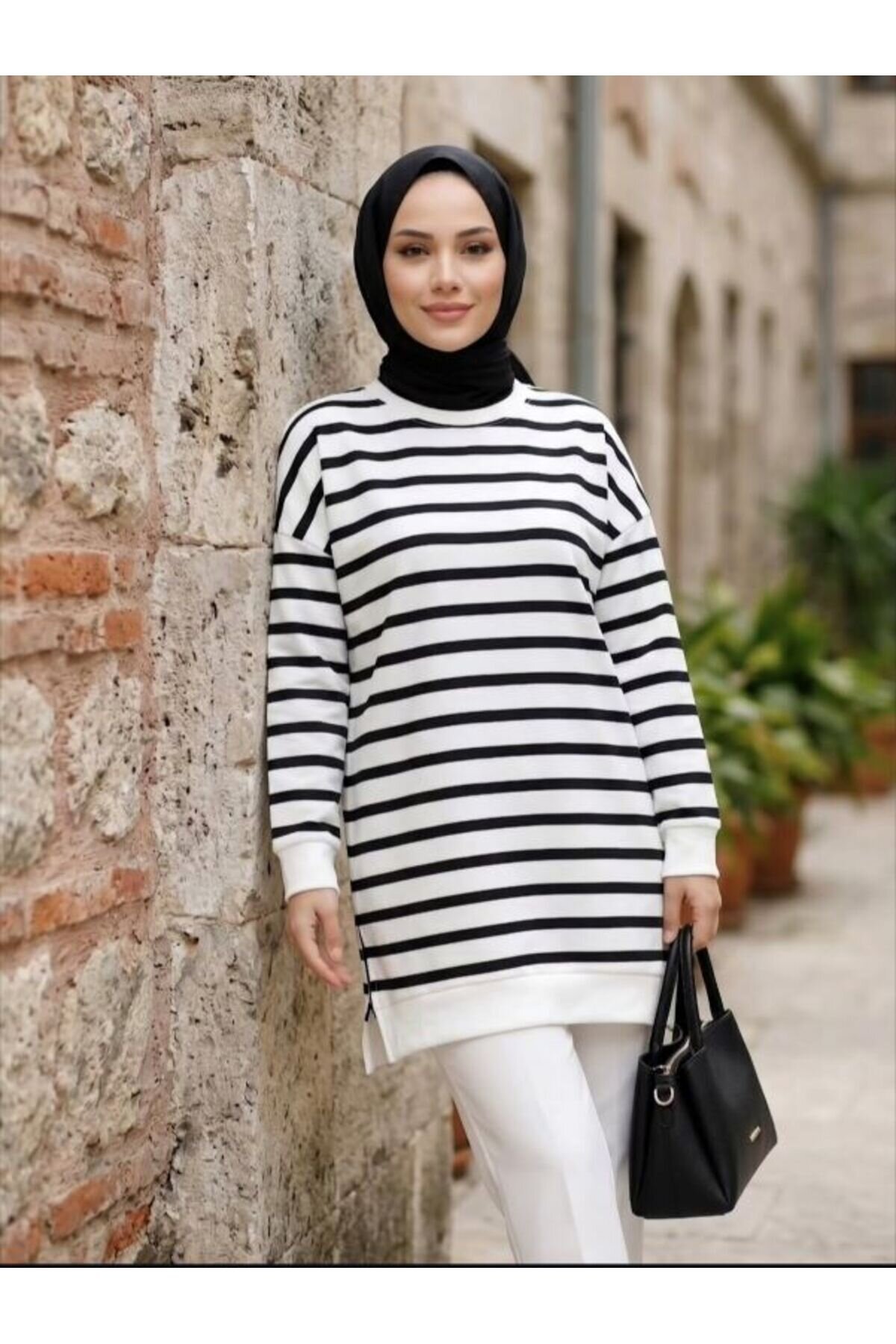 Siyah Çizgili İki İplik Tunik - Shirosa