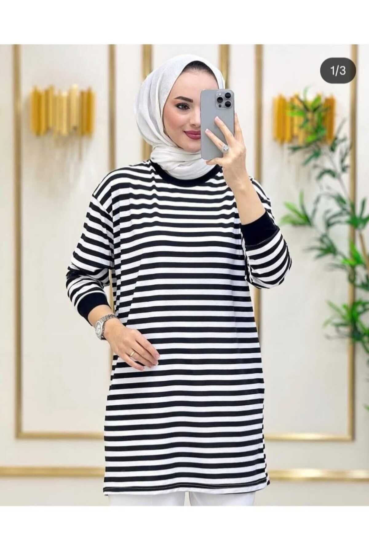 Siyah Çizgili Penye Tunik - Shirosa