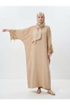 Camel 40-52 Beden Kolları Aksesuar Detaylı Elbise Ferace