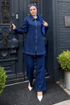 Koyu Mavi Denim Fermuarlı İkili Takım