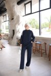 Lacivert Oversize Şerit Detaylı Rahat İkili Takım