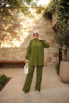 Yağ Yeşili Oversize Şerit Detaylı İkili Takım