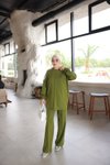 Yağ Yeşili Oversize Şerit Detaylı İkili Takım