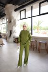 Yağ Yeşili Oversize Şerit Detaylı İkili Takım