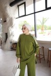 Yağ Yeşili Oversize Şerit Detaylı İkili Takım