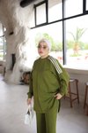 Yağ Yeşili Oversize Şerit Detaylı İkili Takım