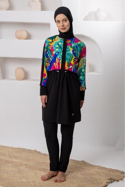 Long-Sleeved Sport Lycra Full Coverage Burkini - Black