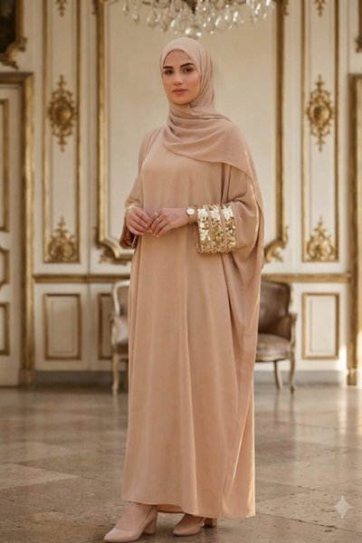 Camel 40-52 Beden Kolları Aksesuar Detaylı Elbise Ferace