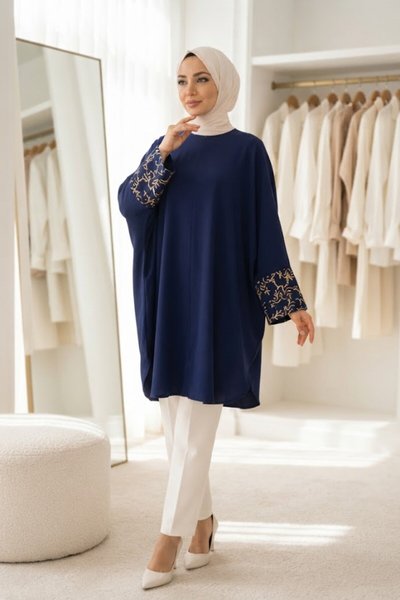 Knee-Length Shimmer Plus Size Accessory Detail Evening Tunic - Navy Blue