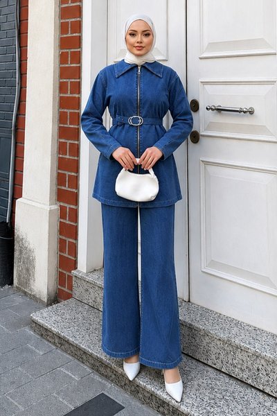 Açık Mavi Denim Fermuarlı İkili Takım