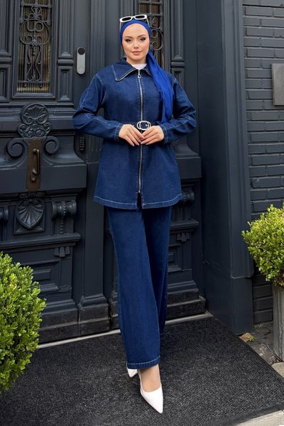 Koyu Mavi Denim Fermuarlı İkili Takım